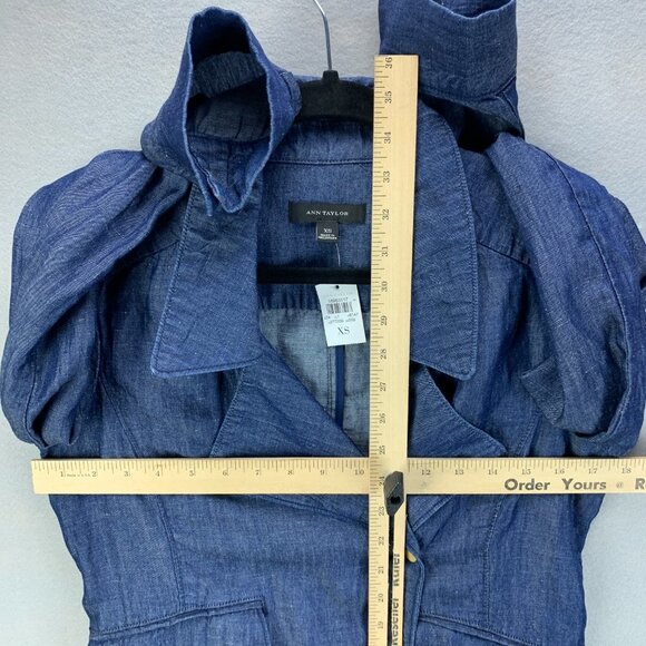 Ann Taylor Jacket Womens Extra Small Blue Chambray Linen Blend Snap Roll Tab - Picture 8 of 16